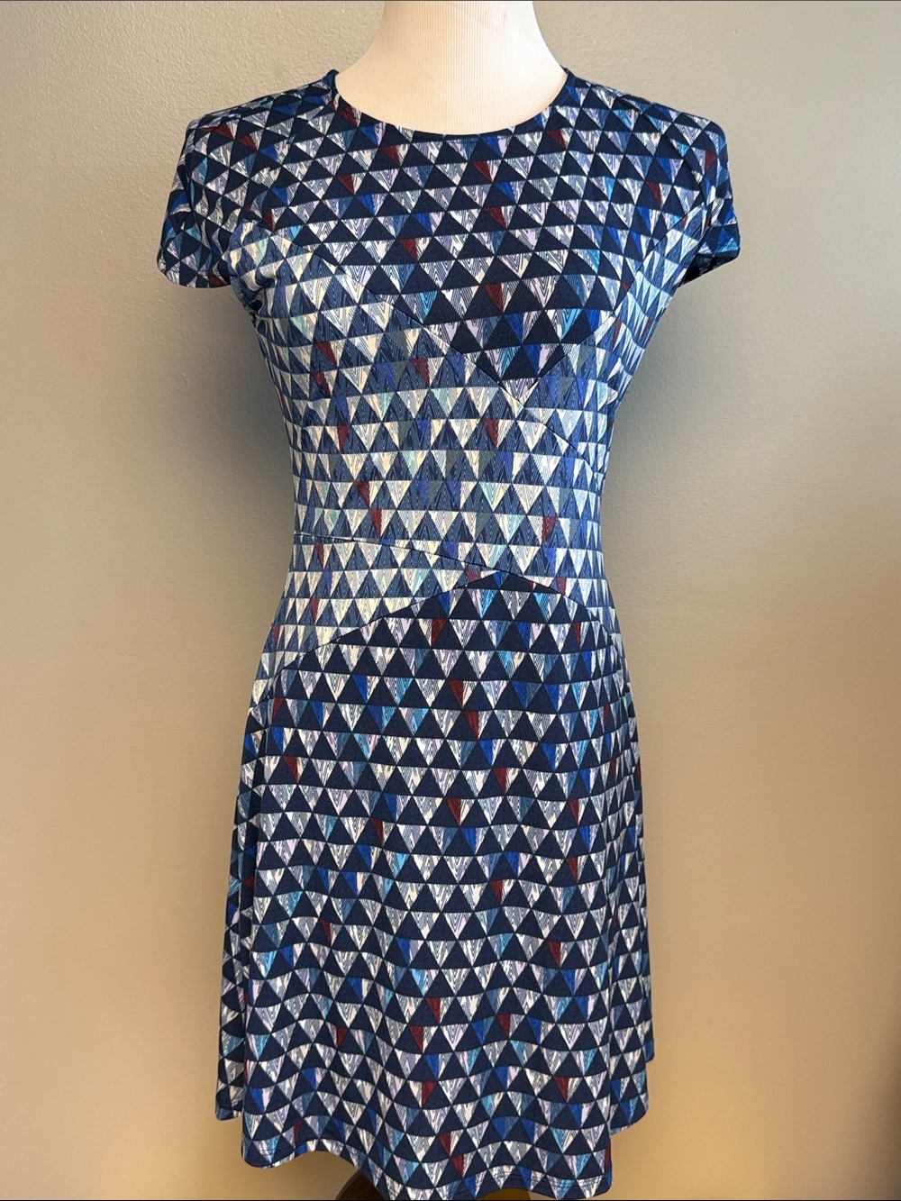 BCBGMAXAZRIA Geometric Print Fit & Flare Dress Blue Women's Small S